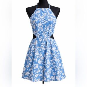 Lulus Summers in Seville Blue Floral Linen Blend Halter Mini Dress Medium M